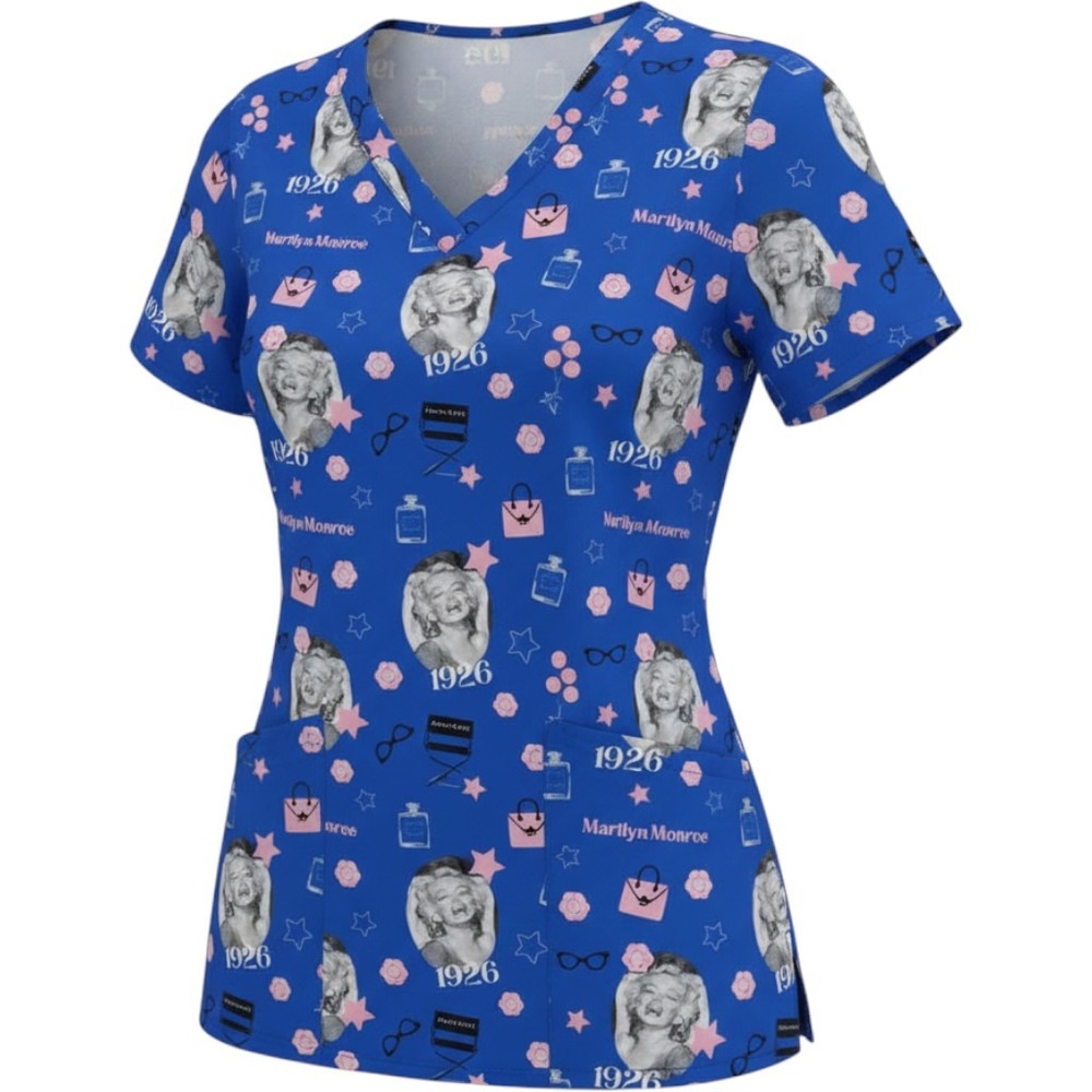 Marilyn Monroe by mediChic Blue Novelty Print Scrub Top 2X V-Neck Medical Top